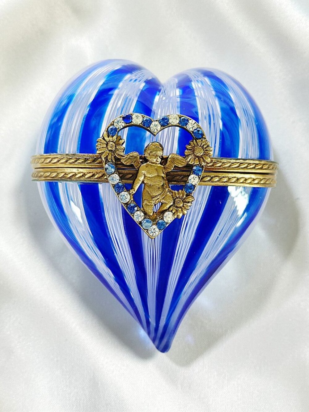 Murano Latticino Cobalt Blue Glass Heart Trinket Box W/Cherub & Rhinestone Accen